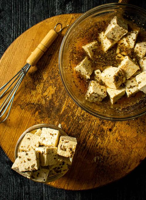 Easy Vegan Tofu Feta Cheese - Shane & Simple Tofu Feta, Healthy Crackers, Greek Cheese, Vegan Feta Cheese, Vegan Substitutes, How To Press Tofu, Vegan Tofu, Vegan Beans, Oil Free Vegan