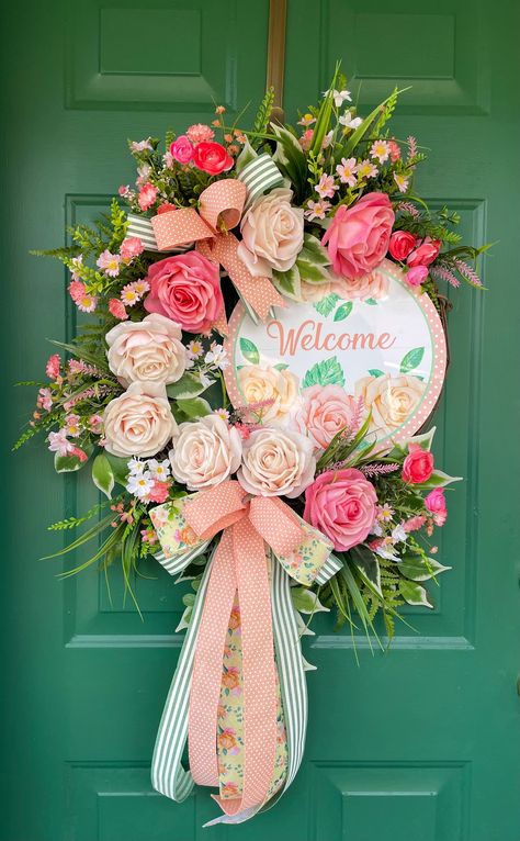 Spring Front Door, Floral Door Wreaths, Peach And Cream, Wreath Easter, Diy Wreaths, Rose Wreath, Welcome Wreath, Cream Roses, Easter Wreaths