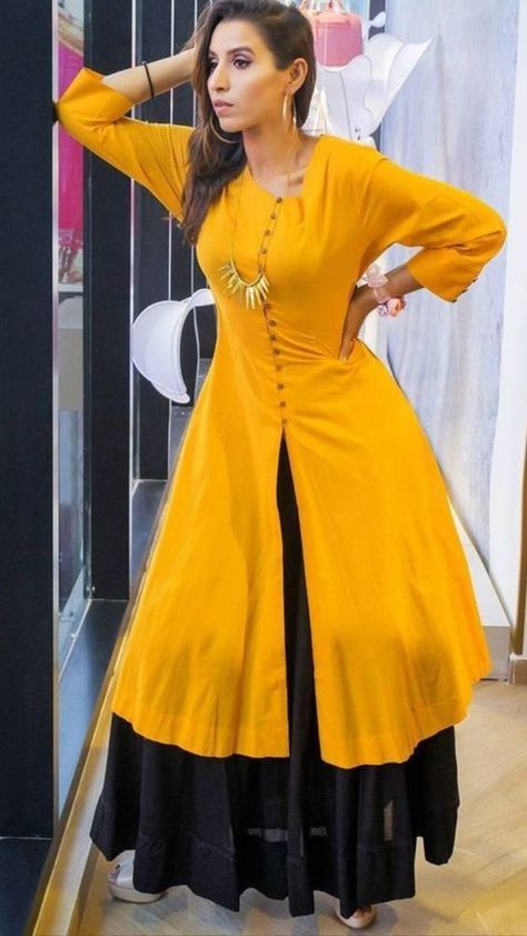 Revamp your look with a casual Indian Kurti | Posts by Anushka Jain | Bloglovin’ Kurti With Skirt, Only The Young, Stylish Kurtis Design, Silk Kurti, Indian Designer Suits, Long Kurti Designs, Long Dress Design, Middle Aged Women, Simple Pakistani Dresses