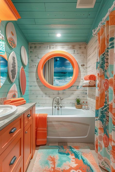 29 Coastal Bathroom Ideas to Inspire Your Next Remodel Fun House Interior, Vibrant Bathroom Ideas, Bathroom Ideas Beach Theme, Cute Bathroom Ideas Aesthetic, Surfer Bathroom, Florida Bathroom Ideas, Florida Homes Interior Design, Cute Bathroom Themes, House Theme Ideas