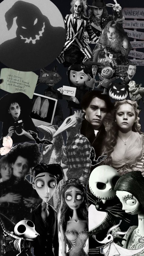 Tim burton🕯🦇 #nightmarebeforechristmas #edwardsissorhands #sleepyhollowmovie #corpesbride #caroline #moviecollage #aliceinwonderlandwallpaper Sleepy Hollow Wallpaper Iphone, Tim Burton Characters Wallpaper, Tim Burton Collage Wallpaper, Halloween Wallpaper Tim Burton, Halloween Couple Wallpaper, Tim Burton Wallpaper Iphone, Tim Burton Backgrounds, Tim Burton Wallpaper Aesthetic, Tim Burton Core