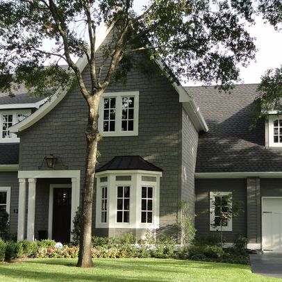 gray exterior paint colors - like the look of iron gray and white- a red door would be striking! Sw Porpoise, House With White Trim, Amherst Gray, Benjamin Moore Exterior, Exterior Gray Paint, Gray House, Pintura Exterior, Exterior Paint Color, Grey Exterior