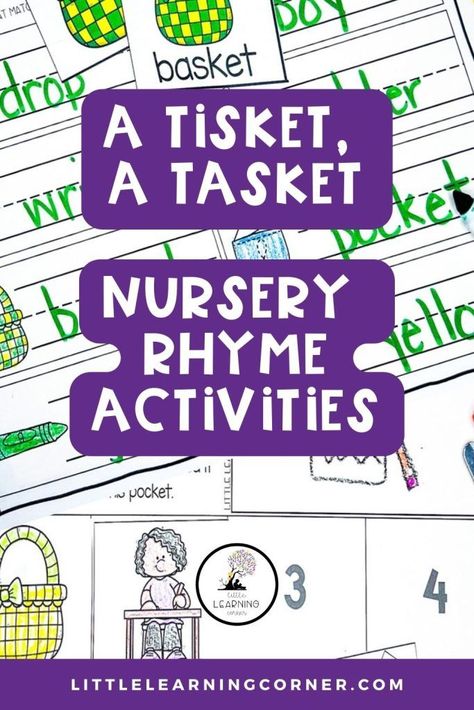 A Tisket, A Tasket nursery rhyme printables and resources for teaching kids in prek, kindergarten, and first grade. From write the room, sequencing, and coloring pages, to pocket chart poems and more. #prek #kindergarten #firstgrade #nurseryrhymes Nursery Rhyme Printables, Fun Poetry Activities, A Tisket A Tasket, Best Nursery Rhymes, Rhyming Games, Nursery Rhyme Characters, Pocket Chart Activities, Nursery Rhymes Activities, Sequencing Worksheets