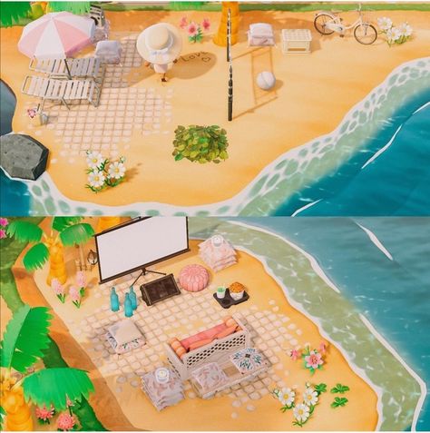 Animal Crossing Beach Movie Theater, Animal Crossing Design Ideas, Animale Crossing, Animal Crossing Pc, Pink Island, Animals Crossing, Palm Spring, Acnh Inspo, Tropical Resort