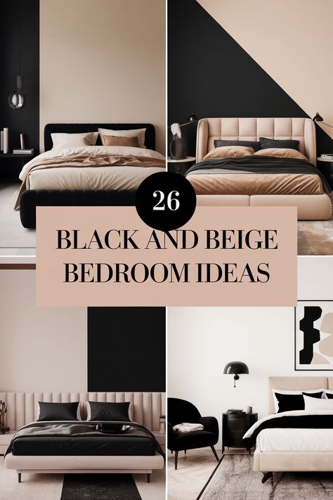 Black and beige bedroom ideas minimalist:  Create a tranquil haven with this classic combination. Discover minimalist design elements, sleek furniture choices, and curated decor to achieve a serene and stylish space. Black Bed Frame Beige Bedding, Beige Bed Black Furniture, Black White And Beige Color Palette, Black And Cream Bedroom Ideas Bohemian, Black And Taupe Bedroom Ideas, Black Beige Bedroom Ideas, Beige Bedroom Black Furniture, Black And Tan Bedding, Neutral Bedroom With Black Bed Frame