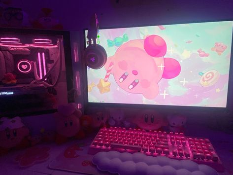 kirby pink pc setup Kirby Pc Setup, Kirby Room, Pink Pc Setup, Futuristic Room, Pink Pc, Kitty Room, Hello Kitty Rooms, Future Room, Princess Core