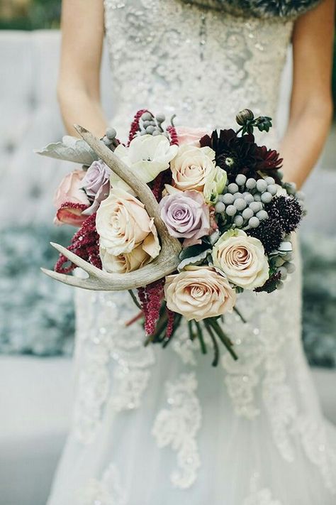 Stunning Winter Wedding Bouquet Featuring: Deer Antler, Champagne Roses, Lavender Roses, Red Amaranthus, Burgundy Dahlias, Burgundy Scabiosa, Silver Brunia, Dusty Miller Woodland Wedding Bouquet, Country Wedding Colors, Hunting Wedding, Antler Wedding, Winter Wedding Bouquet, Country Wedding Decorations, Winter Bride, Winter Wonderland Wedding, Rustic Country Wedding