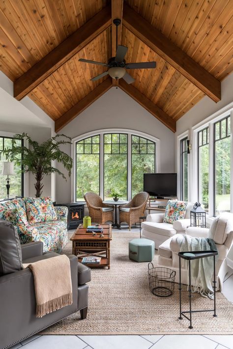 Large Sunroom Layout, Sunroom With Bar, Cozy Sunrooms, Sunroom Gym, Sunroom Ideas Modern, Sunroom Aesthetic, Windows Sunroom, Sunroom Office Ideas, Add A Sunroom