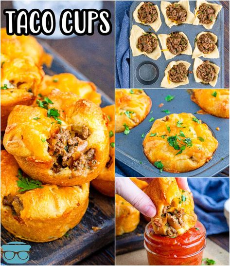 These Crescent Taco Cups combine taco meat, cheese and crescent dough to make a fun and flavorful dish you can't resist. Perfect for a fun dinner or appetizer! Muffin Taco Cups, Taco Meat Crescent Rolls, Taco Cups Crescent Rolls, Taco Biscuit Cups, Crescent Taco, Taco Crescent Rolls, Taco Braid, Rv Snacks, Crescent Cups