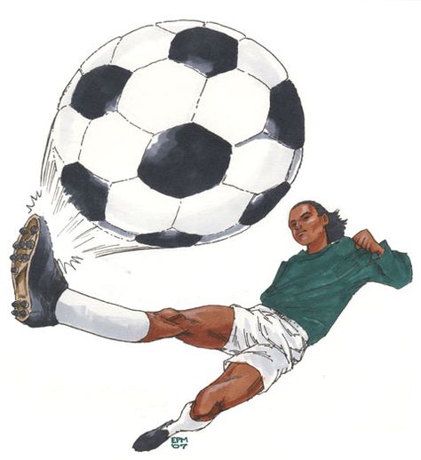 For reasons I cannot fathom, this image of a soccer player kicking a ball is the mostly highly favored of my art on the deviantArt website. Considering that I drew the ball "wrong" and the distorted foreshortening is wonky, it remains very popular. Go figure! Throwing Ball Pose Reference Drawing, Kicking Soccer Ball Pose, Kicking A Ball Drawing, Soccer Kick Pose, Kicking Ball Pose Reference, Soccer Drawing Reference, Foreshortened Poses, Foreshortening Art, Kicking A Ball