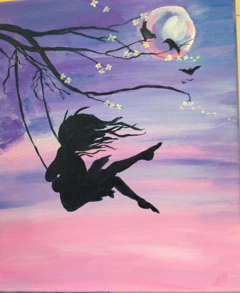 Love these Girl on the swing paintings, had a go at one myself - in acrylics Acrylic Painting Ideas For Beginners, Girl Swinging, Painting Ideas For Beginners, Acrylic Painting Ideas, Silhouette Painting, Beginner Painting, Silhouette Art, Painting Projects, 그림 그리기