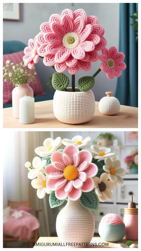 Easter Crochet Patterns Free, Crochet Flowers Easy, Crochet Flowers Free Pattern, Easter Crochet Patterns, Crocheted Flowers, Crochet Bouquet, Crochet Plant, Scarf Knitting, Sweater Knitting