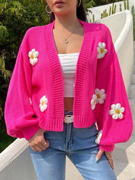 Cardigan Sweater Pattern, Cardigan Rosa, Classy Jumpsuit, Bodycon Dress Casual, Pull Crochet, Cropped Cardigan Sweater, Cardigan Sweater Coat, Floral Sleeve, Fesyen Hijab