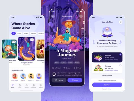 Online Book Reader: Mobile App 📖 Creative Mobile App Design, Game App Design, Mobile App Ideas, Book App Ui, Audiobook App Design, E Learning Mobile App Design, Creative App Design, Desain Ux, Kids Animation