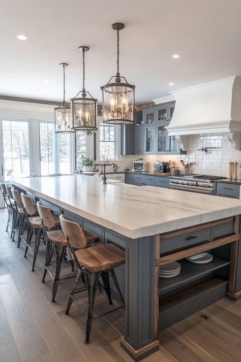 Large Kitchen Designs With Island, Farmhouse Large Kitchen, Giant Kitchen Island, Oversized Island Kitchen, Large Kitchen Island With Seating, Large Kitchen Islands, Large Island Kitchen, Kitchen Islands Ideas With Seating, Kitchen With Large Island