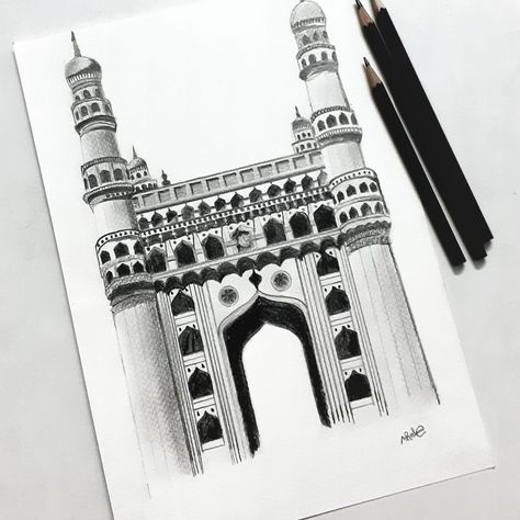 Pencil sketch, Architectural drawing Charminar Sketch, Charminar Drawing, Architecture Sketch Simple, Coffee Art Painting, Sketch Simple, Sketch Pencil, Architectural Drawing, Sketches Simple, Pen Sketch