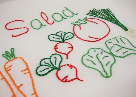 Vegetable Embroidery, Salad Fixings, Tomato Design, Sweet Carrots, Introduction Page, Salad Tomato, Embroidery Green, Vegetable Art, Green Lettuce