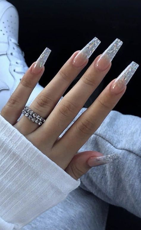 Cute Clear Nails, Icy Nails, Sparkly Acrylic Nails, White Tip Nails, Natural Acrylic Nails, Winter Nails Acrylic, Casual Nails, Uñas Acrilicas, Nail Designs Glitter