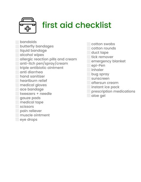 First Aid Kit Checklist, Tick Removal, Emergency Blanket, Medical Glove, Anti Itch, Aloe Gel, Essentials List, Eye Drops, Aid Kit