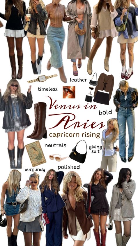 Venus in Aries Capricorn Rising Outfit Style aesthetic Aries Outfits, Aries Capricorn, Venus In Capricorn, Venus In Virgo, Venus In Aries, Aries Aesthetic, Aries And Capricorn, Capricorn Rising, Style Moodboard