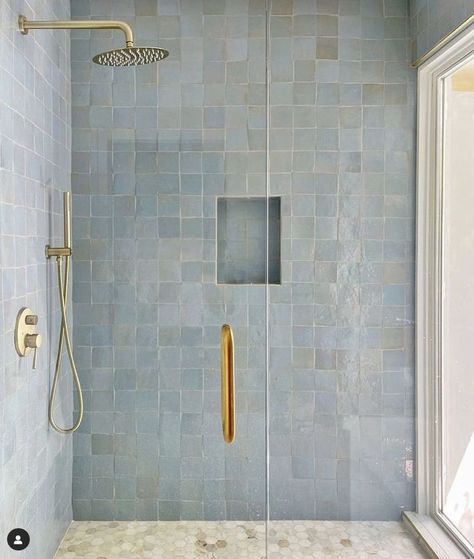 Trending Bathroom Colors, Light Blue Tile, Bathroom Colours, Blue And White Bathroom, Blue Shower Tile, Light Blue Bathroom, White Bathroom Rug, Zia Tile, Blue Bathroom Tile