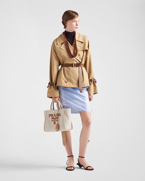 Honey Cotton twill trench jacket | PRADA Belts Leather, Cotton Trench Coat, Trench Jacket, Woven Belt, Oversized Style, Triangle Logo, Dolce E Gabbana, Wedding Guest Dress Summer, Fabric Belt