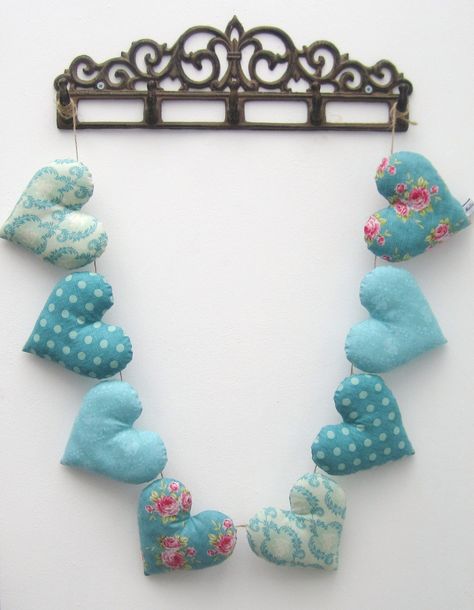 Heart Garland made from TILDA fabric - £20  www.facebook.com/mellasmakings Tilda Fabric, Room Parent, Blue Valentine, Heart Party, Fabric Hearts, Heart Garland, Valentine Coloring, White Hearts, Valentine Wreath