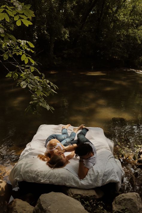 Couple waterbed photoshoot Floating Air Mattress Photoshoot, Mattress In Water Photoshoot, Air Mattress Lake Photoshoot, Couple River Photoshoot, Air Mattress Photoshoot, Mattress Photoshoot, Lake Couple, Couples Photoshoot Ideas, Water Photoshoot