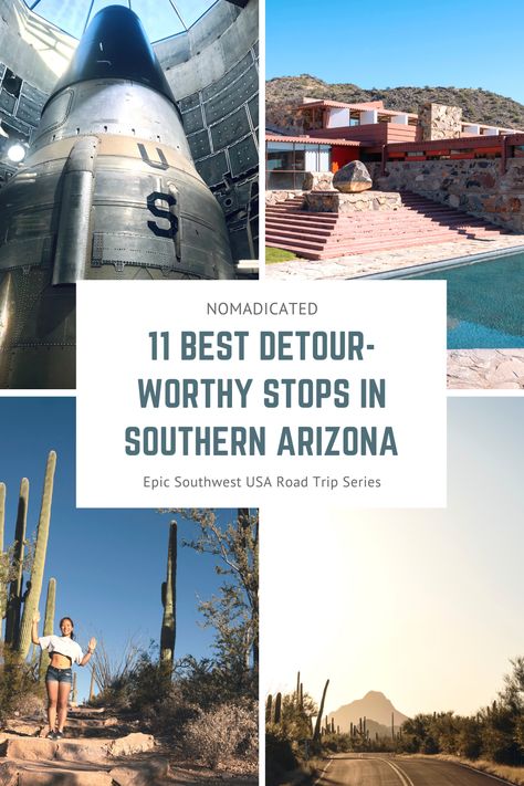 Driving through the expanse of Southern Arizona? Find the best detour-worthy things to do in this expansive desert as well as the best things to do in Phoenix and Tucson. From the panoramic views of Piestewa Peak in Phoenix to the Titan Missile Museum in Tucson, discover the wonders of the deserts on your road trip through Southern Arizona. | #phoenix #arizona #travelusa #tucson #roadtrip #saguaro Southern Arizona Things To Do, Is It Hot In Here, Southern New Mexico, Taliesin West, Sonora Desert, Arizona Vacation, Usa Destinations, Southwest Usa, Arizona Road Trip