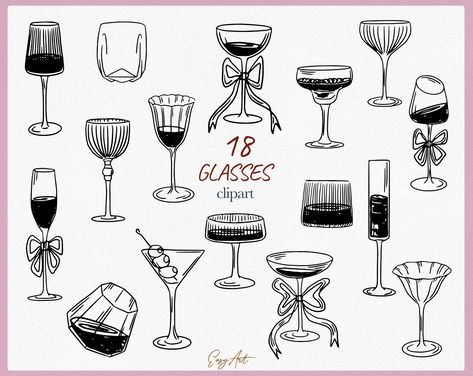 Wine Glass Clip Art, Cocktail Line Drawing, Wine Glasses Drawing, Cocktail Glasses Illustration, Wine Glass Doodle, Wine Sketch, Shape Sketch, Wine Glass Drawing, Trend Illustration