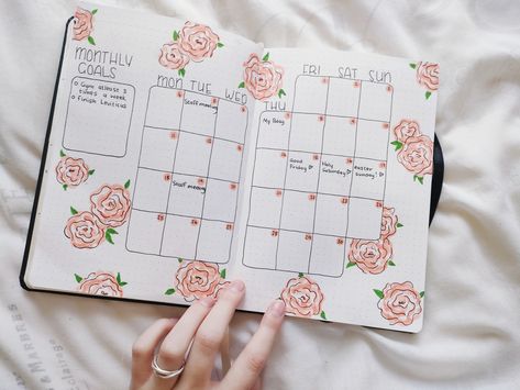 I made a rose theme bujo spread hope you like it! Rose Bujo Theme, Pink Bujo Theme, Bullet Journal Rose, Monthly Ideas, Bujo Monthly Spread, May Spread, Journal February, 2024 Journal, Bullet Journal Monthly Spread