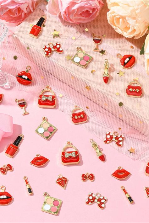 Airssory 60 Pcs 12 Styles Red Make UP Theme Enamel Alloy Charms Lipstick High Heels Bag Bowknot Charms for DIY Jewellery Earring Craft Bag Kaychain Diy Jewelry Earrings, Up Theme, Daisy Charm, Jewelry Diy Bracelets, Metal Charms, Jewelry Charms, Jewelry Earring, Craft Bags, Christmas Charms