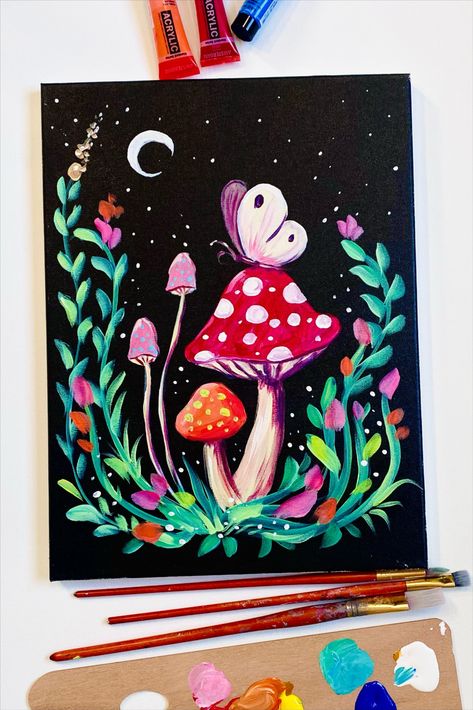 Acrylic Painting Ideas Set Of 3, Cute Mushrooms Painting, Magical Paintings Easy, Paintings Ideas For Mom, Mushroom Art Canvas, Abstract Mushroom Painting, Paint Sip Ideas, Posca Mushroom, How To Paint A Mushroom