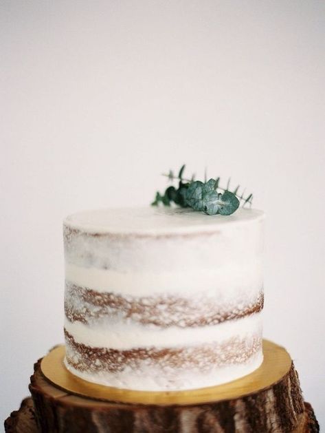 a simple single layered naked wedding cake topped with fresh eucalyptus for a minimalist wedding - Weddingomania Wedding Cakes One Tier, Single Layer Cakes, Wedding Cake Tops, Rustic Cake Toppers, Chocolate Wedding Cake, Wedding Cake Rustic, Fall Wedding Cakes, Rustic Cake