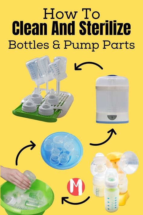 If you're wondering how to clean and sterilize your breast pump parts or bottles once your baby arrives, the process is simple, but can be time consuming. In my article I show you how to save time when cleaning bottles and pumps. Use a bottle brush and bottle soap in a washbasin to clean your bottle and pump parts, then sterilize. There are many sterilizing methods like microwaving, steaming, UV rays, and boiling. I give tips for each method and share my personal favorite. Sterilizing Bottles, How To Clean Baby Bottles, Spectra 2 Pump Settings, Sterilizing Baby Bottles, How To Sterilize Baby Bottles, Sterilizing Bottles And Pacifiers, How To Sanitize Baby Bottles, Medela Hand Pump Tips, Washing Baby Bottles