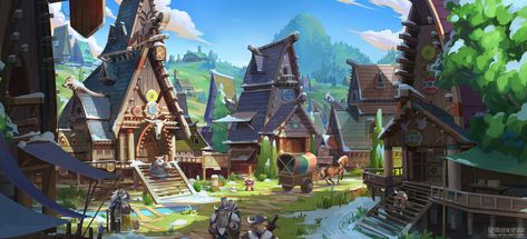 Viking village (維京人的村莊), Sheep Lin on ArtStation at https://www.artstation.com/artwork/ELL0l4 Cartoon Houses, Forest Village, Viking House, Dnd Inspiration, Viking Village, Fantasy Village, Fantasy Town, Dnd Maps, Star Academy