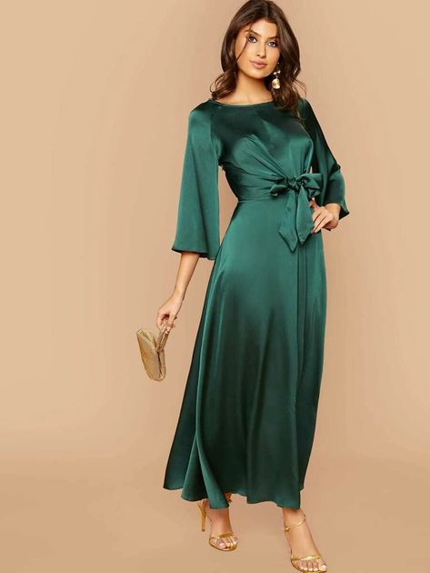 Raglan Sleeve Tie Front Flare Satin Dress | SHEIN USA Hijab Stile, Casual Silk Dresses, Green Silk Dress, Formal Dresses Australia, Satin Dresses Long Sleeve, Green Satin Dress, Silk Evening Dress, Green Silk Dresses, Dresses Shein