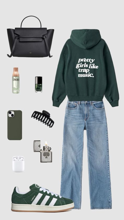 Outfit inspo #outfitinspo #vintage #beauty #vibes #green Nyc Outfits, Beauty Vibes, Basic Shoes, Outfits 90s, Outfit Layout, Jeans Outfit Casual, Trendy Outfits For Teens, Wardrobe Update, Tomboy Style Outfits