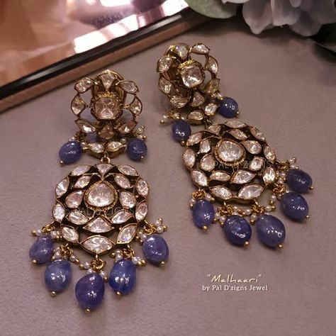 #moissanite #polki #jhumka #polkiearings #malhaari #handmade #earings #bridal #bridejewellery #weddingjewellery #jewelry #uniqueearings #earings #occasionwear #semiprecious #stones #silver #royallook #partywear Blue Polki Jewellery, Girly Jewellery, Jewellery Stones, Moissanite Jewellery, Indian Accessories, Antique Necklaces Design, Swarovski Pendant, Bridal Jewelry Vintage, Polki Earrings