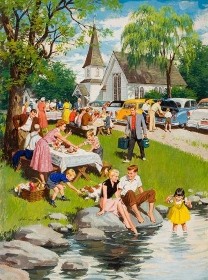 Artwork by Arthur Saron Sarnoff , A Church Picnic, Made of Gouache on board Arthur Sarnoff, 가족 일러스트, Church Picnic, 동화 삽화, Vintage Illustration Art, Vintage Life, The Grass, Vintage Pictures, Pulp Fiction