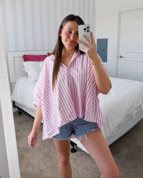 this oversized striped button down blouse can be dressed up or down this summer 🌞 it’s just too cute!! OVERSIZED STRIPED BUTTON DOWN BLOUSE • $40 #business #businessowner #smallbusiness #smallbusinessowner #boutique #boutiqueowner #loveyoumore #fit #fits #fitcheck #outfit #outfits #ootd #outfitoftheday #fashion #shop #shopping #onlineshopping #blouse #stripedblouse #oversizedblouse #pinkblouse #nashvilletennessee #nashvilletn #nashville #nash #springfashion #summerfashion Business Casual Blouse, Spring Blouses, Sweet Summertime, Spring Fits, Pink Girly Things, Oversized Blouse, Spring Tops, Button Down Blouse, Fit Check