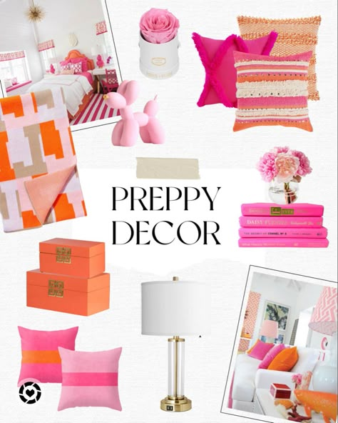 Preppy Home Office Decor, Preppy College Dorm Throw Pillows, Pink And Orange Accent Bedroom, Preppy Room Throw Pillows, Orange Preppy Pillows, Preppy Pillows Color Schemes, Orange Pink Bedroom Ideas, Shelf Decor College, Living Room Pink And Orange