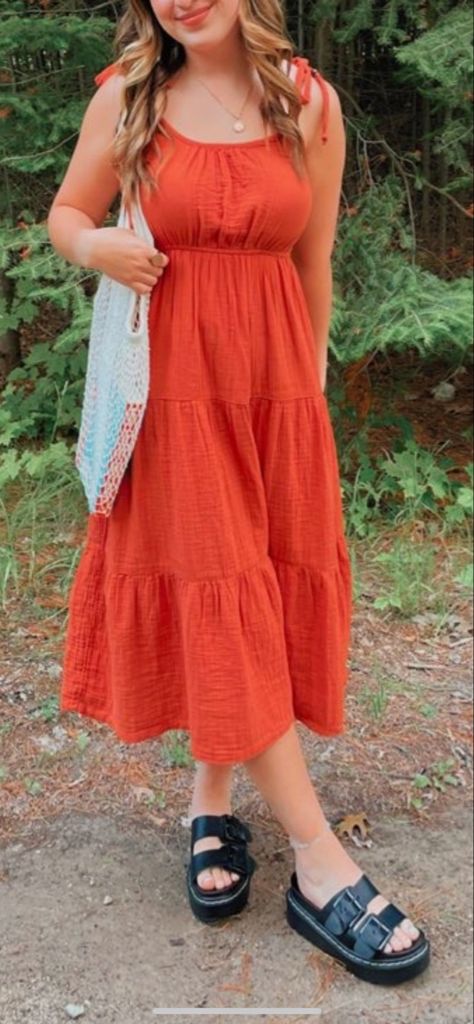 outfit inspo ideas summer dress orange midi dress tote bag black platform sandals Summer Black Dress Outfit, Sundress Aesthetic, Summer Dress Outfits Casual, Orange Sundress, Midi Dress Outfit, Orange Midi Dress, Black Platform Sandals, Summer Black Dress, Tote Bag Black