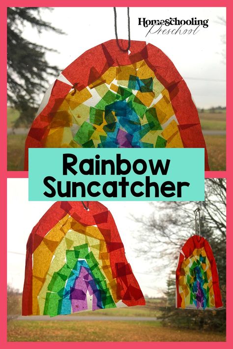 Rainbow Suncatcher Craft - Homeschooling Preschool Make A Rainbow Preschool, Prek Rainbow Crafts, Spring Suncatcher Craft, Rainbow Suncatcher For Kids, Rainbow Lessons Preschool, Preschool Suncatcher Craft, Rainbow Craft For Kindergarten, Rainbow Suncatcher Craft, Rainbow Craft For Preschool