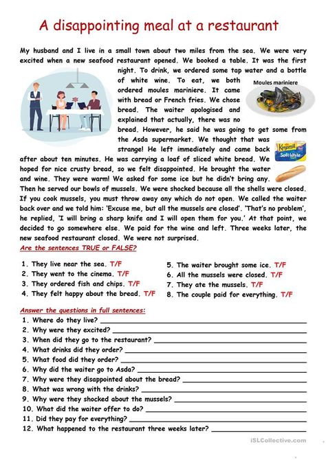 RC: a disappointing meal at a restaurant - English ESL Worksheets for distance learning and physical classrooms Restaurant English, Free English Courses, Winter Worksheet, Read The Passage, Esl Materials, Reading Comprehension Texts, Read English, Reading Comprehension Lessons, English Teaching Materials