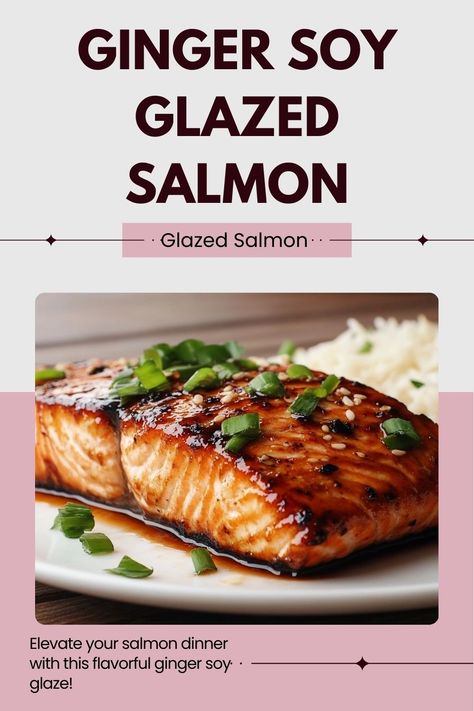 Sweet, savory, and packed with flavor, this ginger soy glazed salmon is the perfect balance of tastes! A healthy and delicious dinner option. 🥢 #GingerSoySalmon #HealthyMeals #SalmonLovers #FlavorPacked Ginger Garlic Salmon Recipes, Salmon With Ginger And Garlic, Salmon Ginger Soy Honey, Soy Ginger Glaze, Ginger Salmon Recipes, Salmon Sesame, Soy Ginger Salmon, Ginger Glazed Salmon, Soy Glazed Salmon