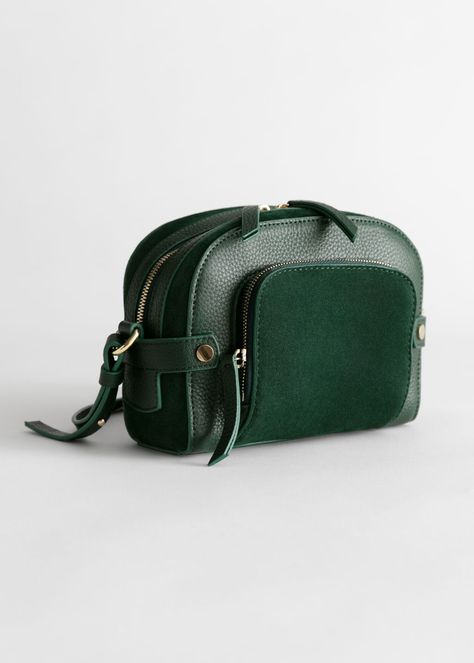 Leather and Suede Small Crossbody Bag - Green - Shoulderbags - & Other Stories Mid Waist Jeans, Hanging Earrings, Small Crossbody Bag, Fashion Story, Small Crossbody, Green Bag, Green Leather, Leather Pumps, Pump Shoes