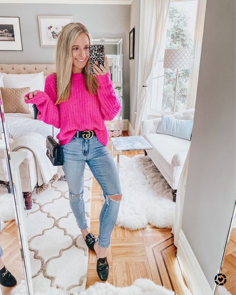 Spring inspo, winter fashion. Neon pink sweater, Gucci belt inspo Pink Sweater White Jeans Outfit, Hot Pink Turtleneck Outfit, Neon Pink Shirt Outfit, Pink Shirt Outfit Winter, Neon Pink Sweater Outfit, Outfits With Pink Sweater, Pink Tshirt Outfit Casual, Pink Pullover Outfit Winter, Hot Pink Sweater Outfit Winter