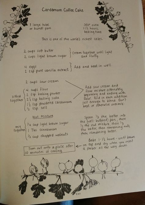 Cardamom Coffee Cake - "One of the richest cakes in the world" - The Moosewood Cookbook - Mollie Katzen (1977) Moosewood Cookbook Recipes The Originals, Moose Wood Cookbook Recipes, Moosewood Cookbook Recipes, Cookbook Aesthetic, Handwritten Cookbook, Moosewood Recipes, Cardamom Coffee Cake, Cardomom Recipes, Moosewood Restaurant