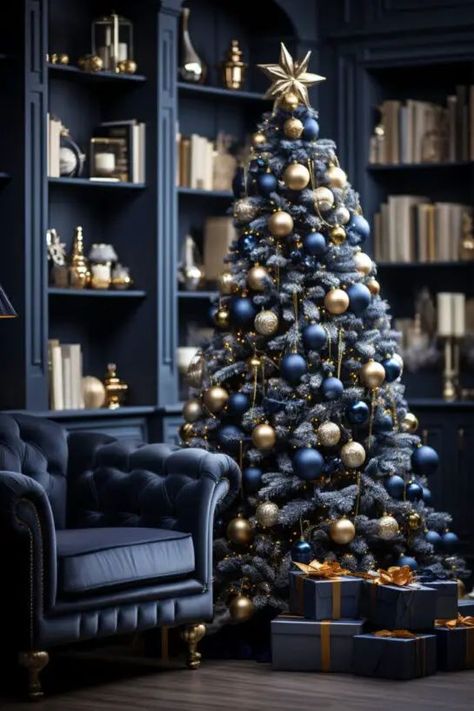 Blue Gold Silver Christmas Tree, Dark Blue Christmas Tree, Necromancer Tattoo, Dark Blue Christmas, Merry Christmas Ideas, Christmas Meal Ideas, 2025 Moodboard, Luxury Christmas Decor, Sweet Savory Recipes